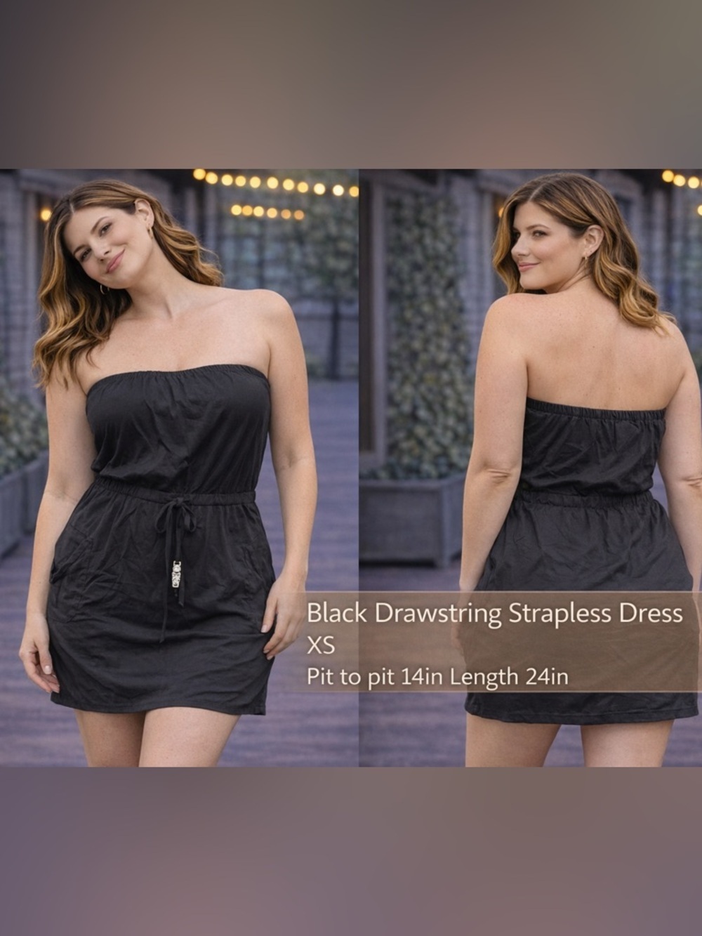 Black Drawstring strapless dress XS pit to pit 14in length 24in
